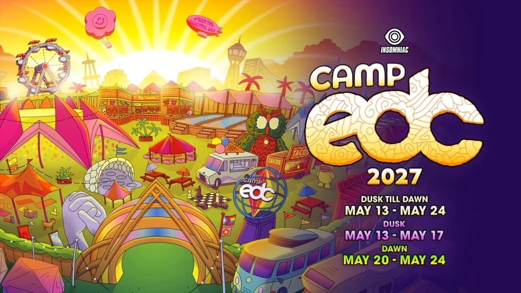 Grafika zapowiadająca EDC Las Vegas 2027 w formacie Dusk Till Dawn z datami obu weekendów