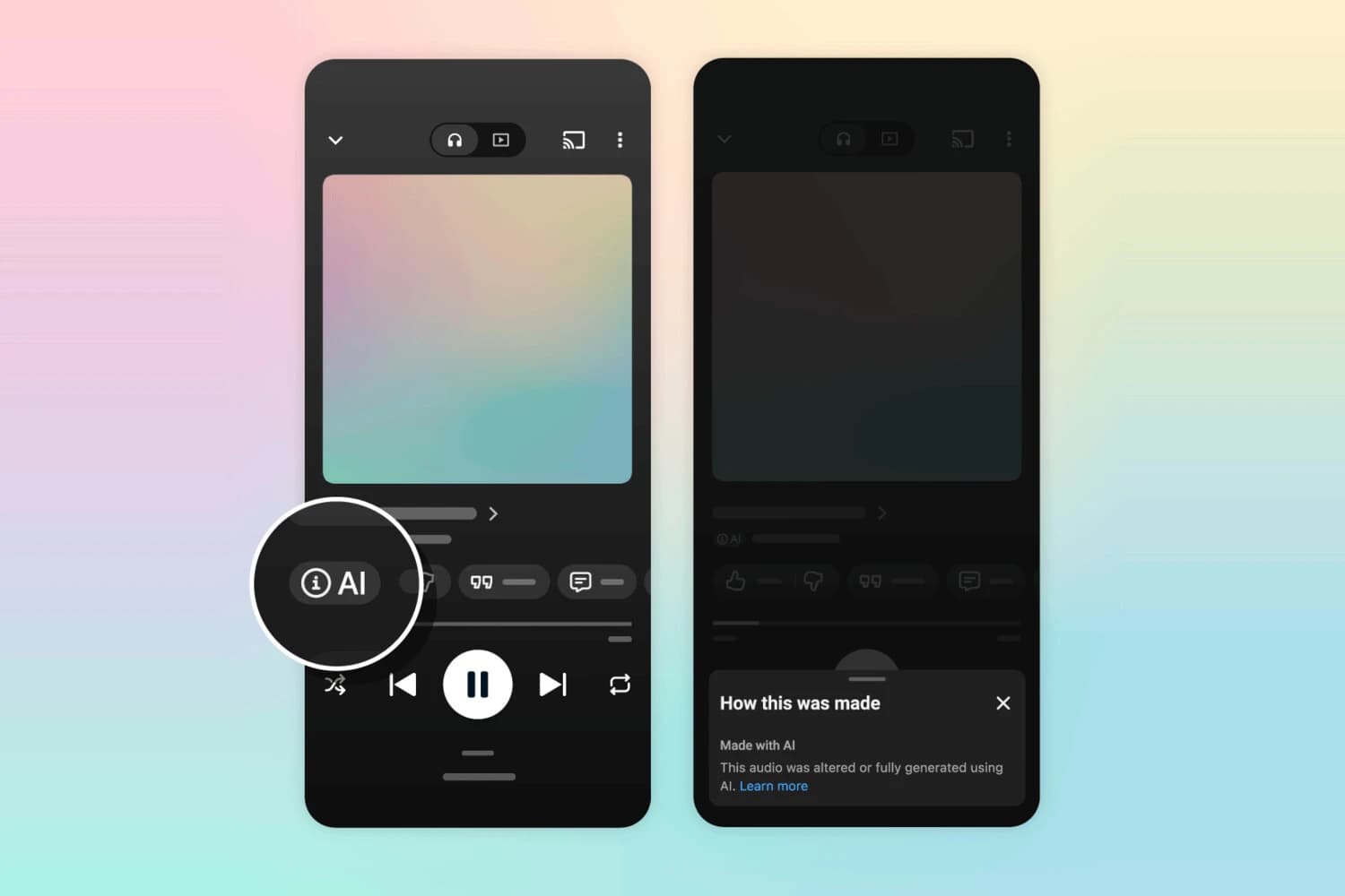 Grafika YouTube: dwa ekrany odtwarzacza YouTube Music na pastelowym tle. Na lewym powiększona plakietka „AI”, na prawym wysunięty panel „How this was made” z dopiskiem „Made with AI”