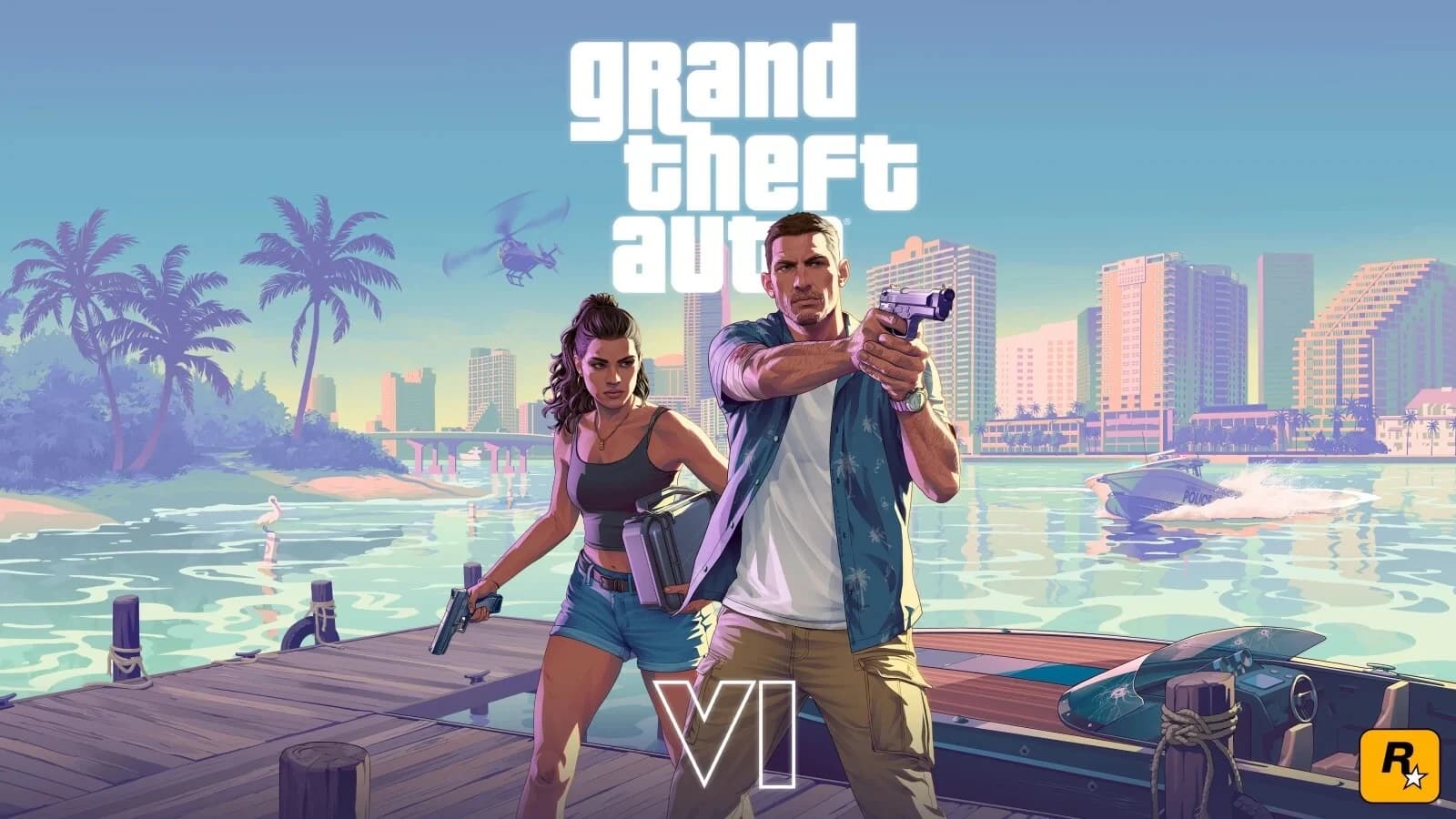 Neonowa panorama nocnego miasta w stylu Vice City z gry Grand Theft Auto VI