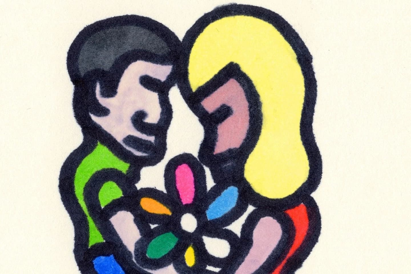 Ilustracja z grubym czarnym konturem na kremowym tle: ciemnowłosy mężczyzna w zielonej koszulce i blondynka w czerwieni stykają się czołami, między nimi kwiat o kolorowych płatkach.