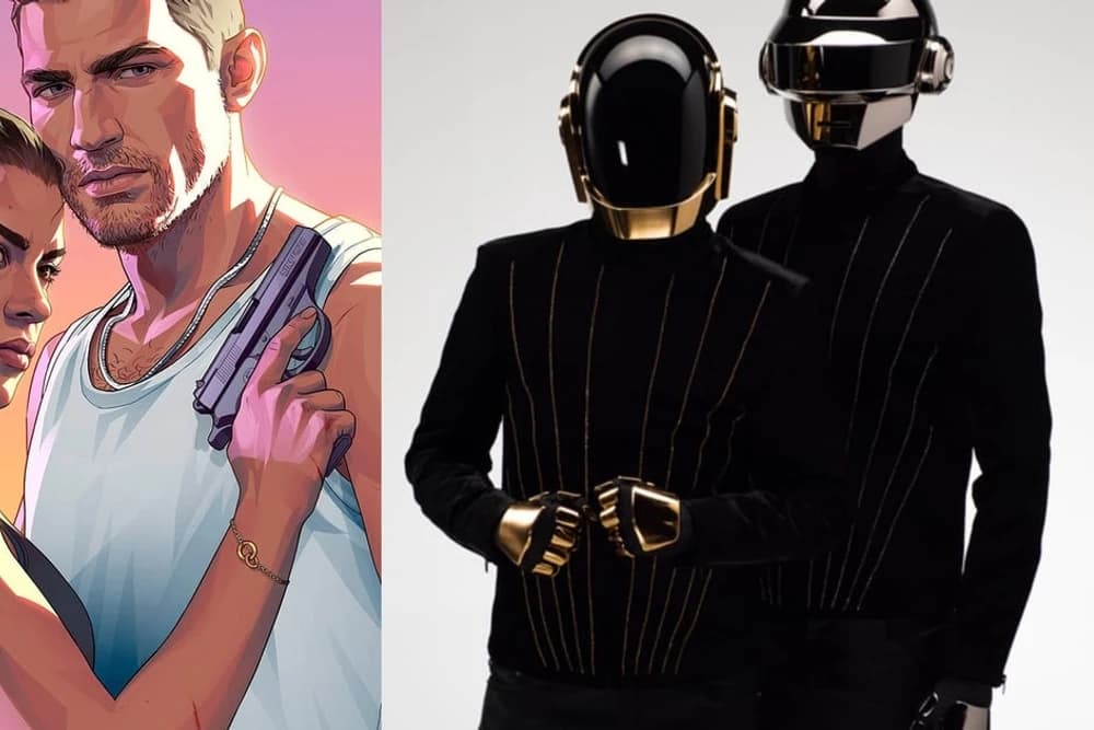 Kolaż: po lewej ilustracja w stylu GTA z brodatym blondynem w białej koszulce i kobietą z pistoletem na różowym tle, po prawej dwie postacie w czarnych marynarkach ze złotymi paskami i błyszczących hełmach.